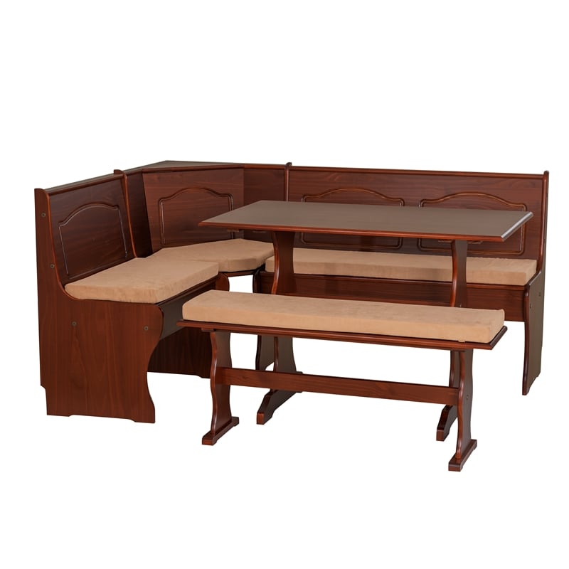 Pemberly Row 3 Pc Walnut Nook Set with 4 Pc Polyester Cushion Set in Beige