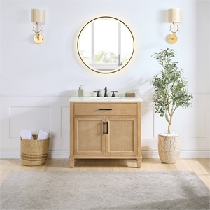 Pemberly Row Wood Vanity in Weathered Fir Calacatta White Quartz Top w/ Mirror