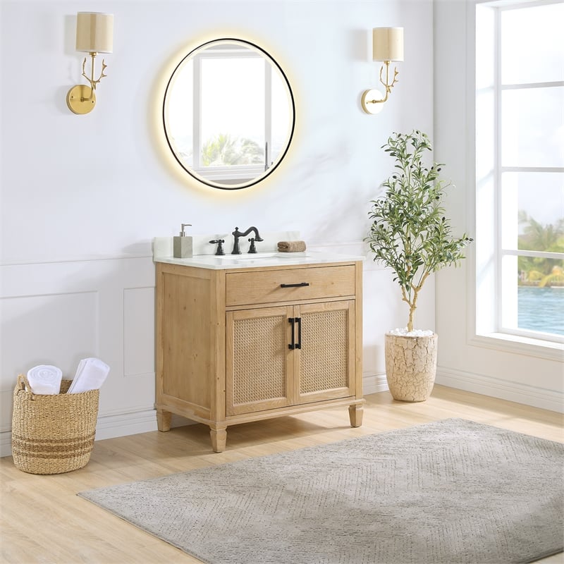 Pemberly Row Wood Vanity in Weathered Fir Calacatta White Quartz Top w/ Mirror