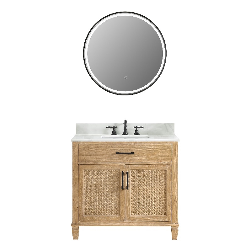 Pemberly Row Wood Vanity in Weathered Fir Calacatta White Quartz Top w/ Mirror