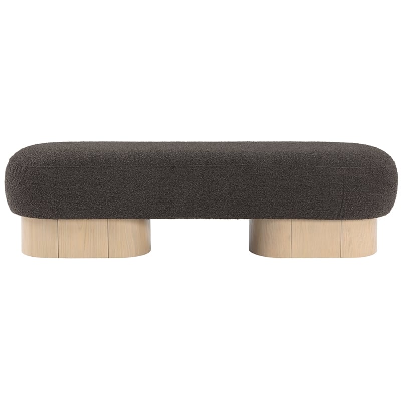 Pemberly Row Contemporary Brown Boucle Fabric Bench in Rich Natural Oak Finish