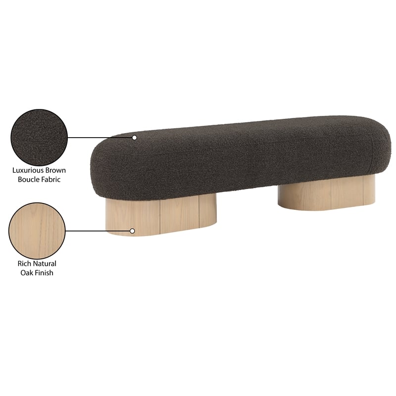 Pemberly Row Contemporary Brown Boucle Fabric Bench in Rich Natural Oak Finish
