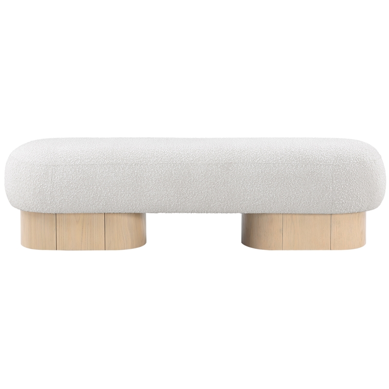 Pemberly Row Contemporary Cream Boucle Fabric Bench in Rich Natural Oak Finish