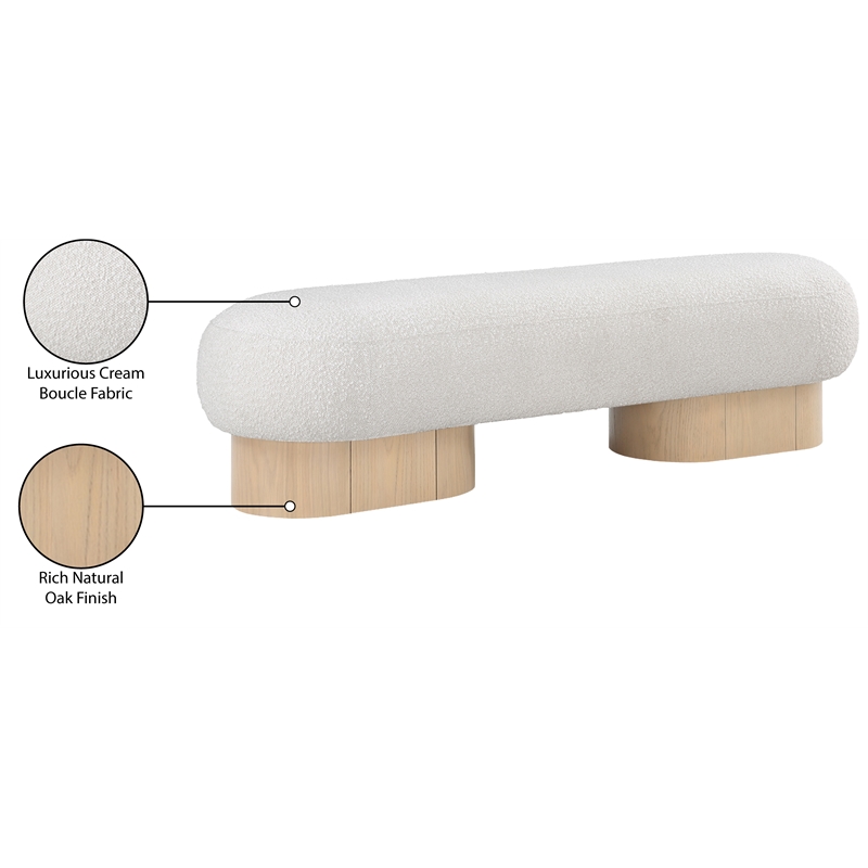 Pemberly Row Contemporary Cream Boucle Fabric Bench in Rich Natural Oak Finish