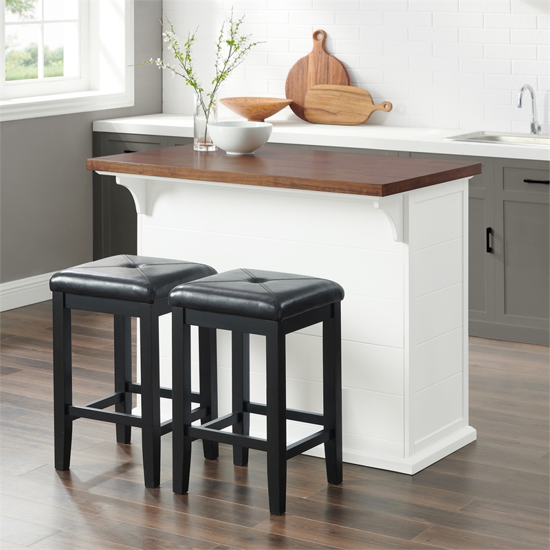 Pemberly Row 3-Piece Wood Kitchen Island w/ Square Stools in White