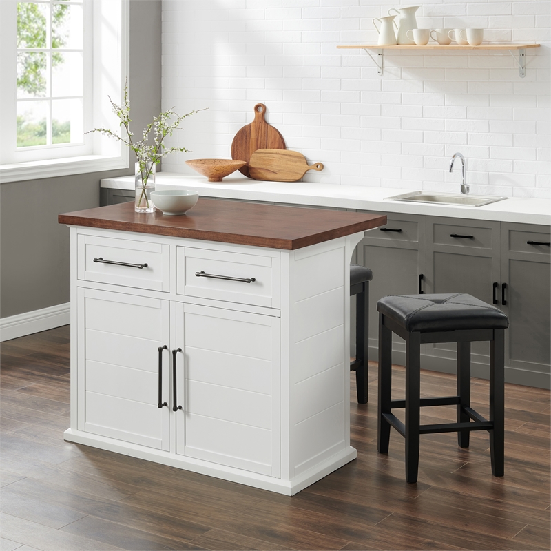 Pemberly Row 3-Piece Wood Kitchen Island w/ Square Stools in White