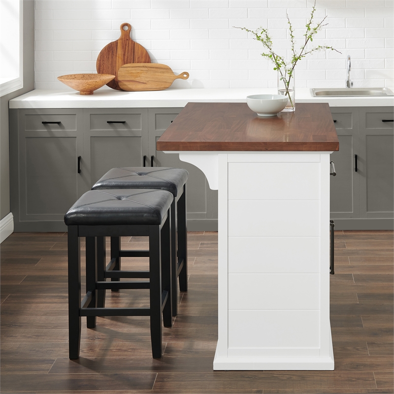 Pemberly Row 3-Piece Wood Kitchen Island w/ Square Stools in White