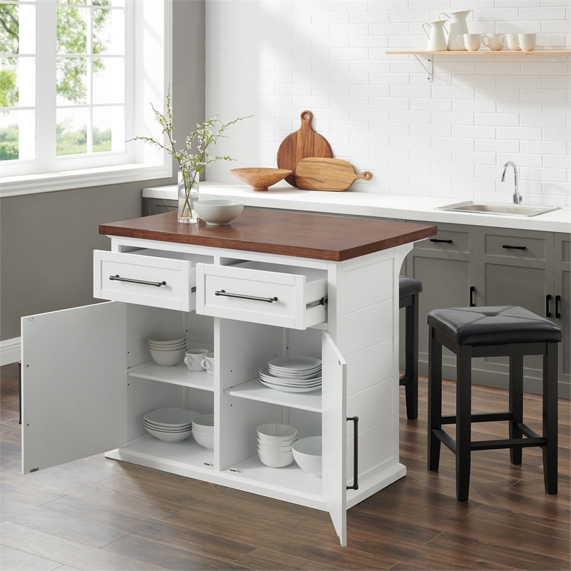 Pemberly Row 3-Piece Wood Kitchen Island w/ Square Stools in White