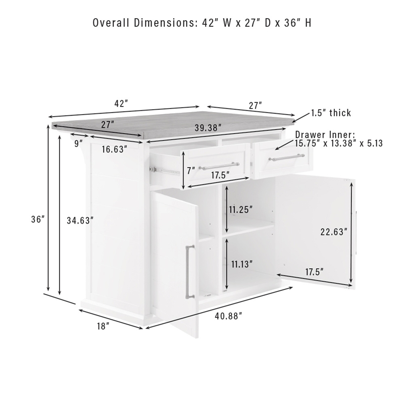 Pemberly Row 3-Piece Wood Kitchen Island w/ Square Stools in White