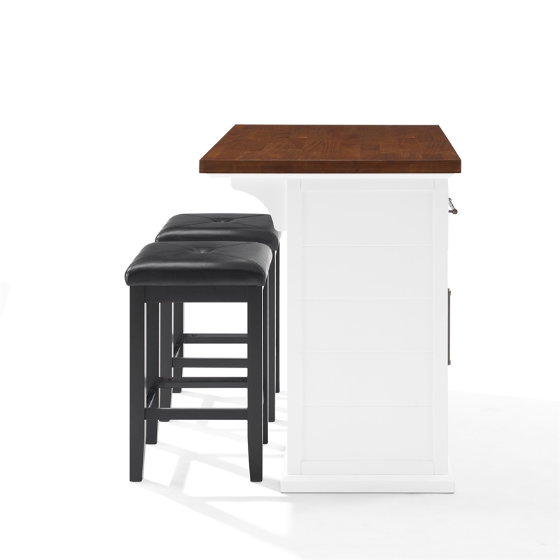 Pemberly Row 3-Piece Wood Kitchen Island w/ Square Stools in White