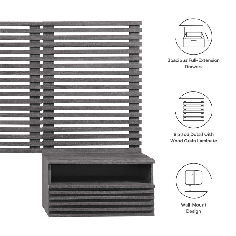 Pemberly Row Modern Wood Twin Headboard and Nightstands in Charcoal