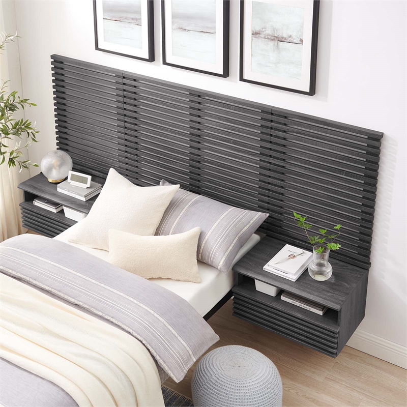 Pemberly Row Modern Wood Twin Headboard and Nightstands in Charcoal