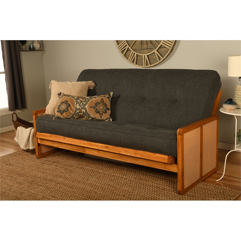 Pemberly Row Full-size Wood Futon Set in Honey w/ Charcoal Mattress