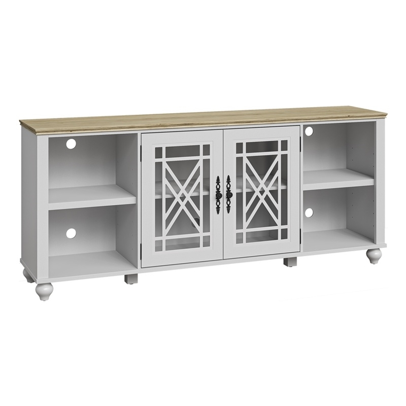 Pemberly Row Vintage Grayish White TV Stand w/ Carved Doors for TVs Up to 80