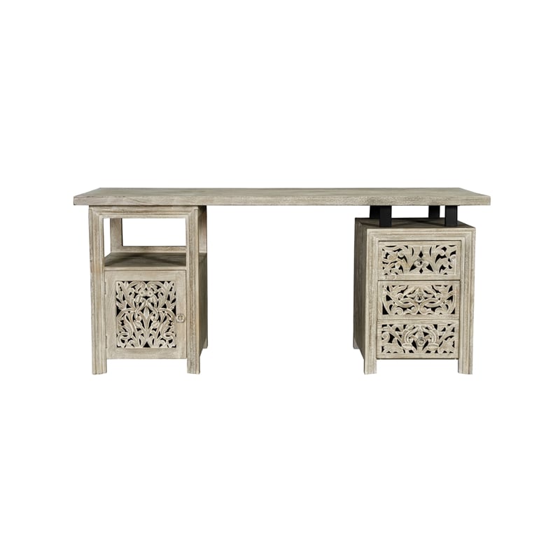 Pemberly Row 3-drawer 1-door Floral Carved Solid Wood Desk in Gray