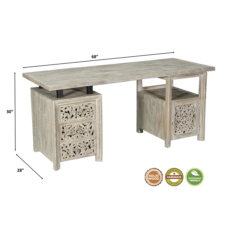 Pemberly Row 3-drawer 1-door Floral Carved Solid Wood Desk in Gray