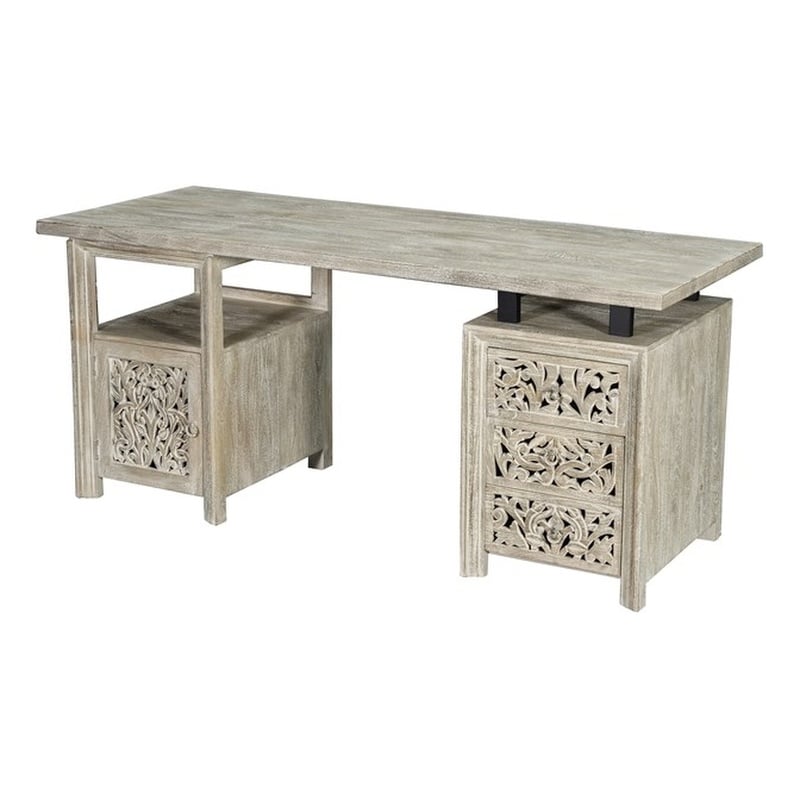 Pemberly Row 3-drawer 1-door Floral Carved Solid Wood Desk in Gray