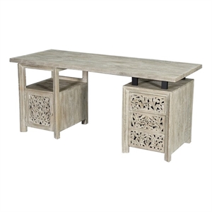 Pemberly Row 3-drawer 1-door Floral Carved Solid Wood Desk in Gray