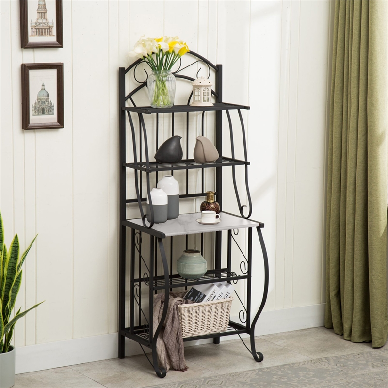 Pemberly Row Contemporary Baker's Rack with Faux Marble Shelf