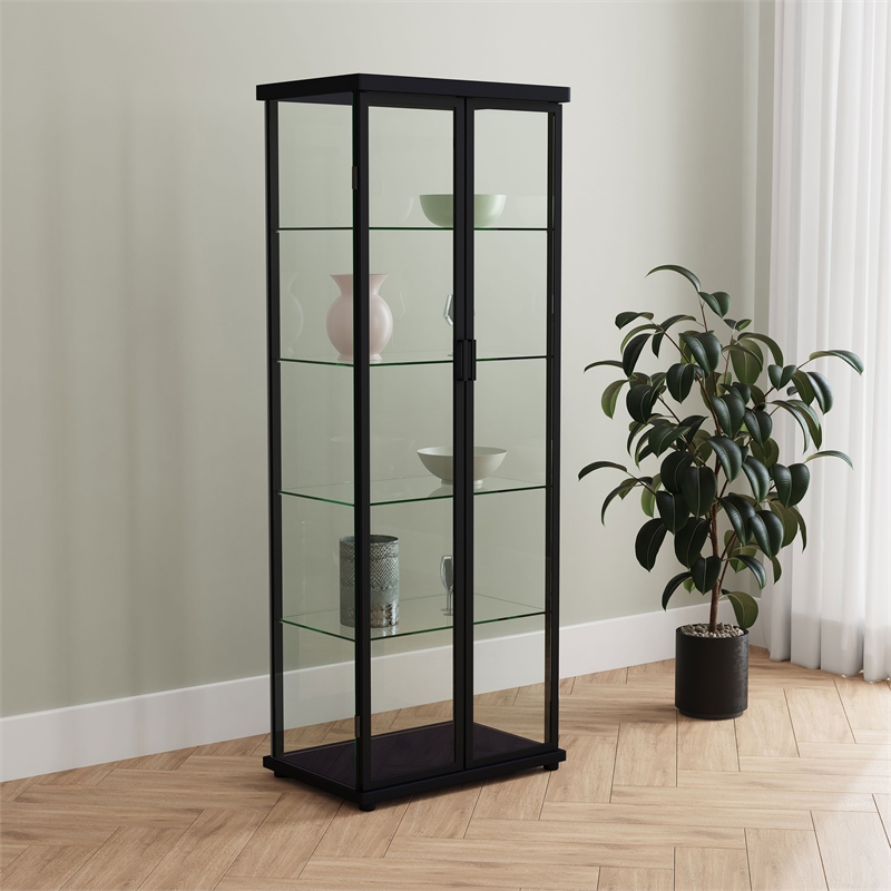 Pemberly Row 4-Shelf Wood Display Curio Cabinet with LED Lighting in Black