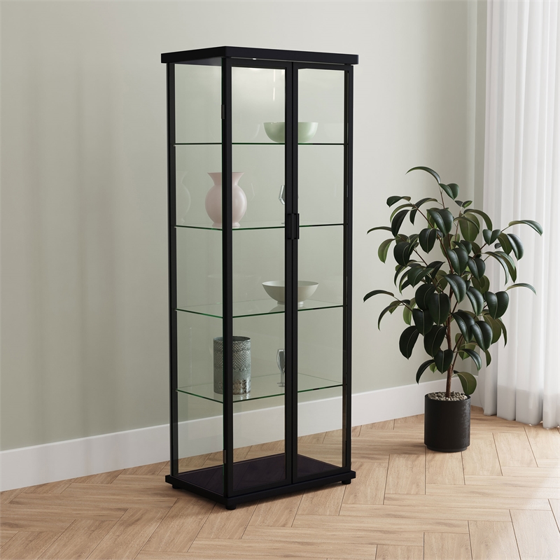 Pemberly Row 4-Shelf Wood Display Curio Cabinet with LED Lighting in Black