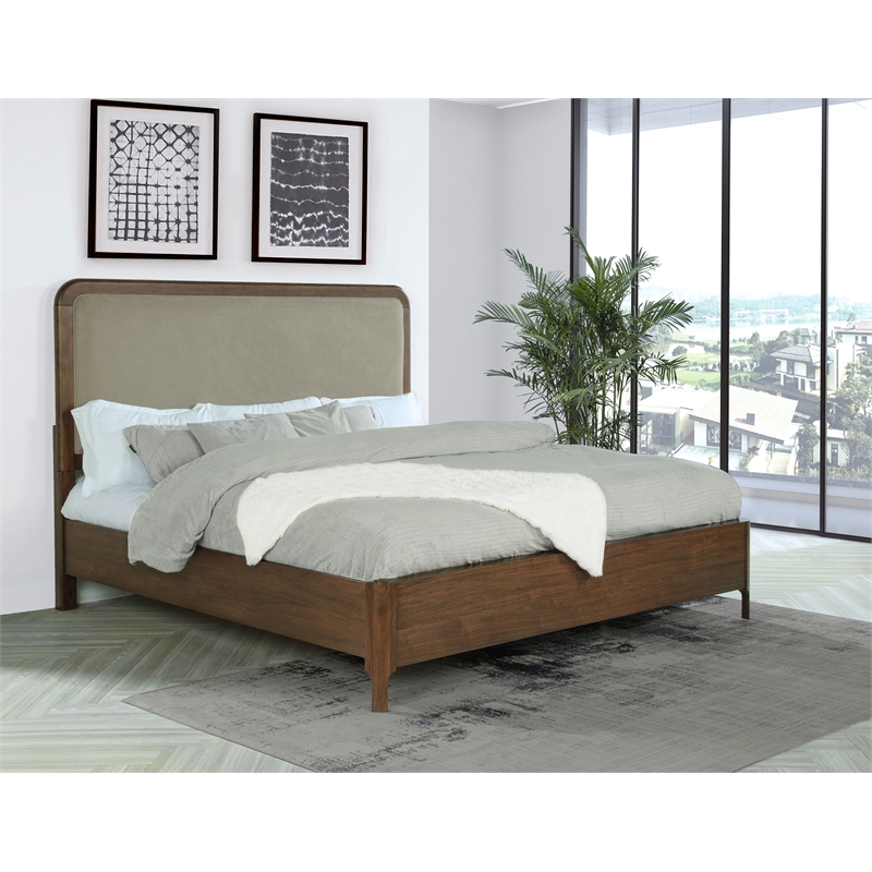 Pemberly Row Upholstered Mid-Century Wood California King Panel Bed in Walnut