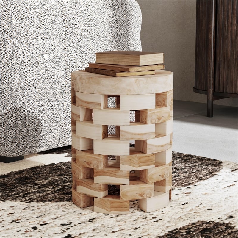Pemberly Row Contemporary Natural Teak Wood Round Accent Table