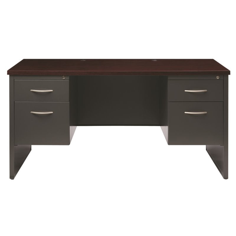 Pemberly Row Double Pedestal Metal Desk Arch Pull Handles Charcoal/Mahogany