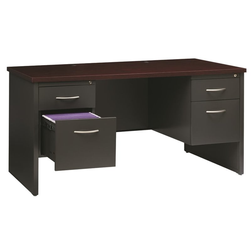 Pemberly Row Double Pedestal Metal Desk Arch Pull Handles Charcoal/Mahogany