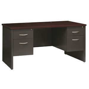 Pemberly Row Double Pedestal Metal Desk Arch Pull Handles Charcoal/Mahogany