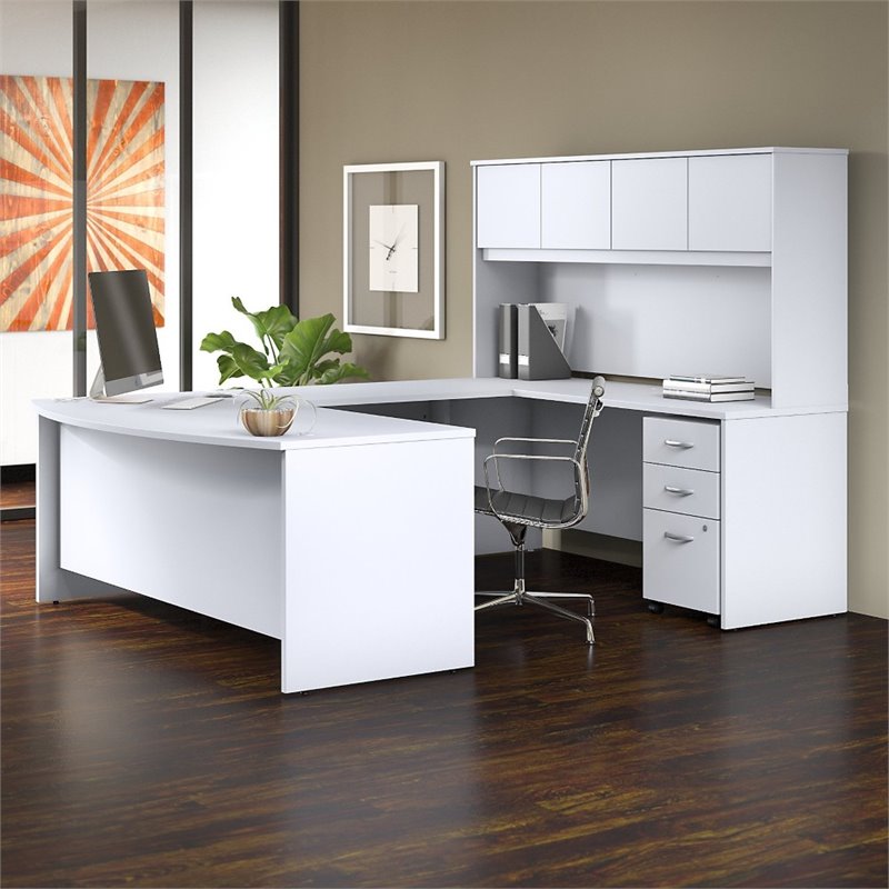 Pemberly Row 72W x 36D U Desk with Hutch and Drawers in White-Engineered Wood