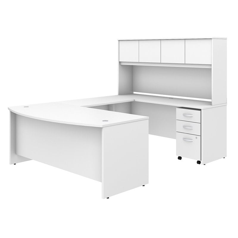 Pemberly Row 72W x 36D U Desk with Hutch and Drawers in White-Engineered Wood