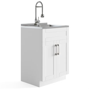 Pemberly Row Contemporary Engineered Wood 24&quot Laundry Sink Cabinet in White