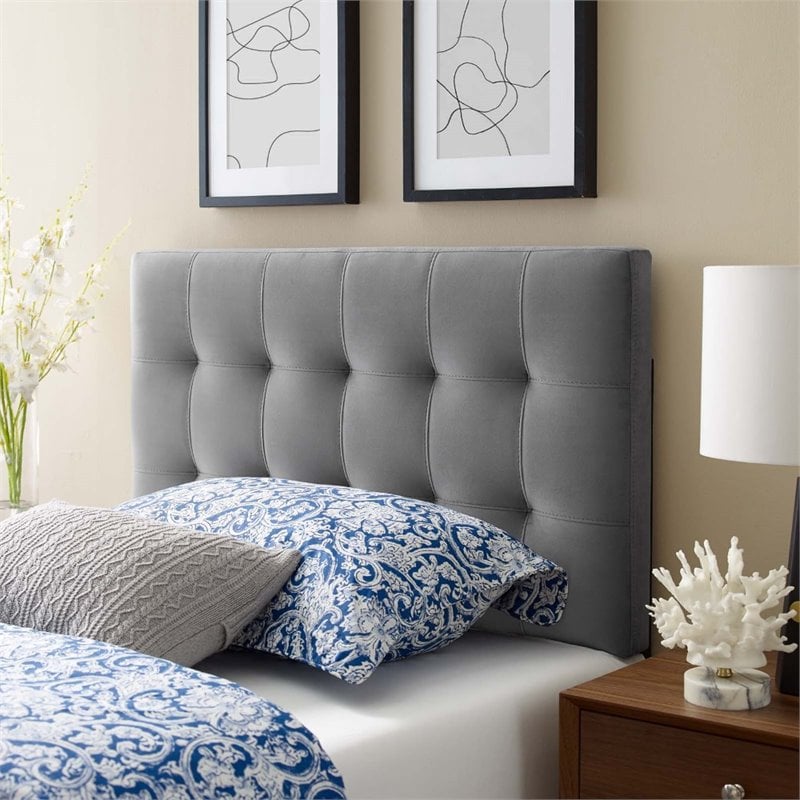 Pemberly Row Biscuit Tufted Twin Performance Velvet Headboard in Gray