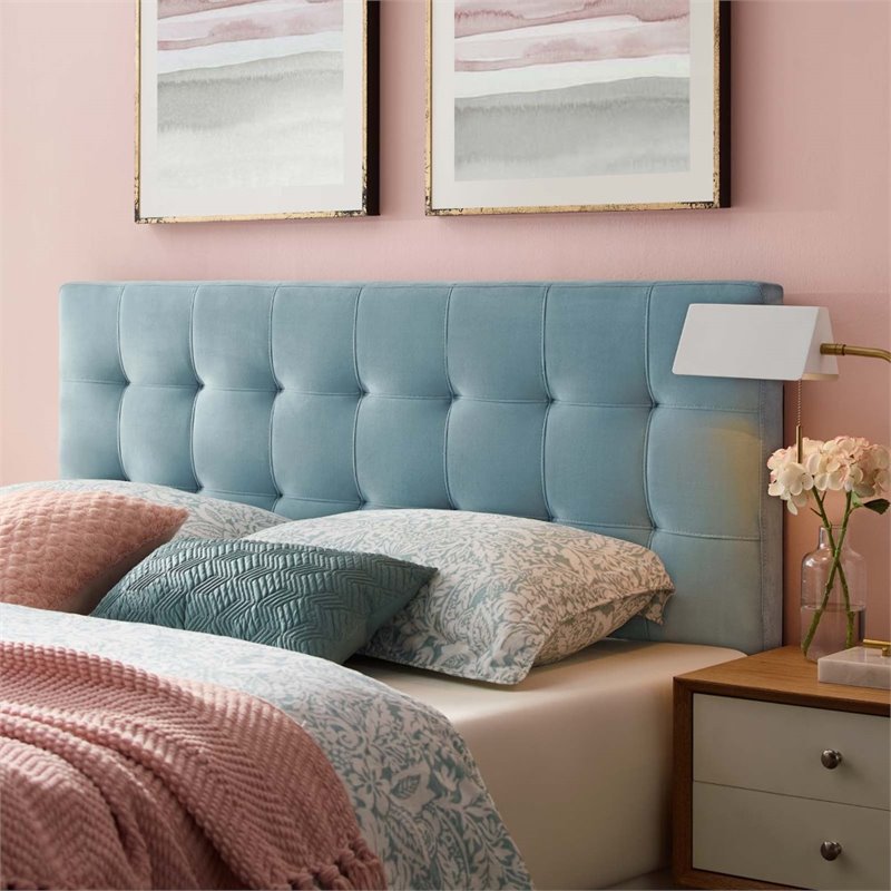 Pemberly Row Biscuit Tufted Full Performance Velvet Headboard in Light Blue
