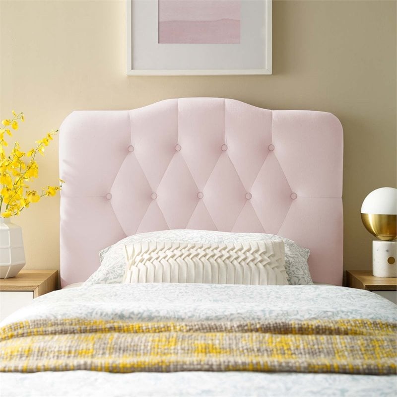 Pemberly Row Twin Diamond Tufted Performance Velvet Headboard in Pink