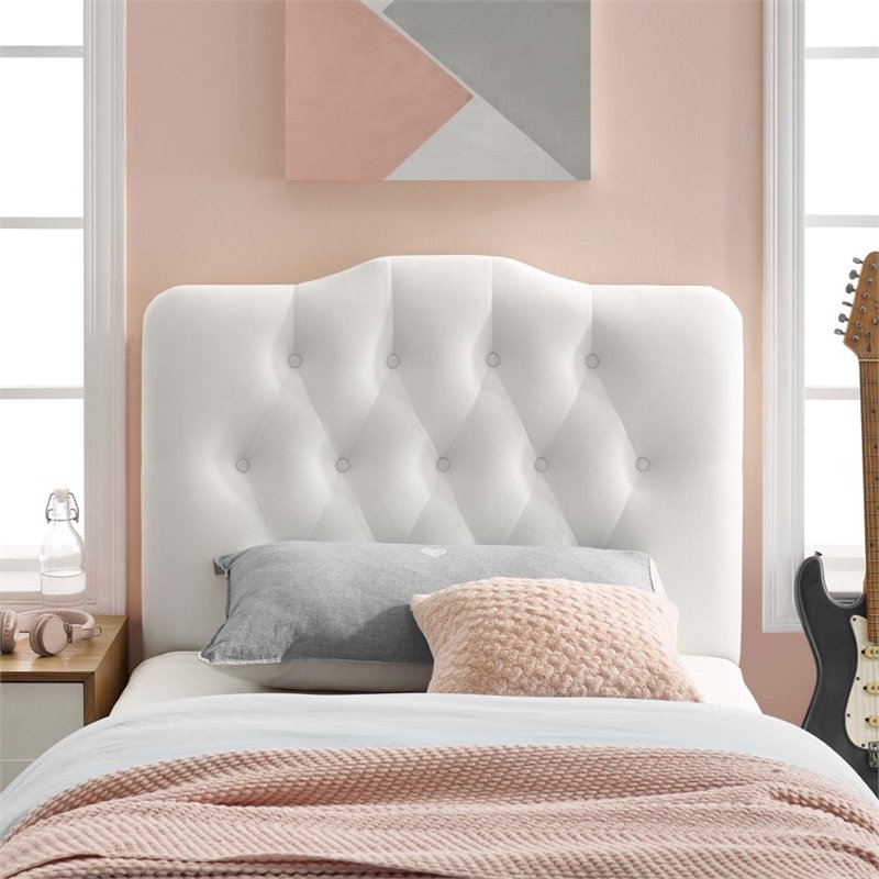 Pemberly Row Twin Diamond Tufted Performance Velvet Headboard in White