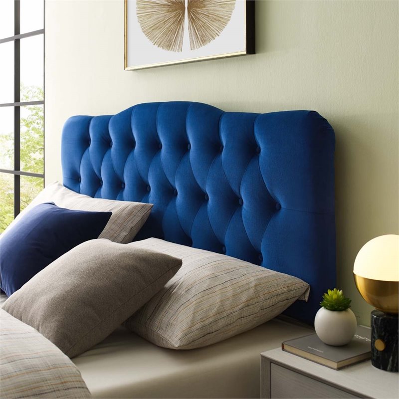 Pemberly Row Queen Diamond Tufted Performance Velvet Headboard in Navy