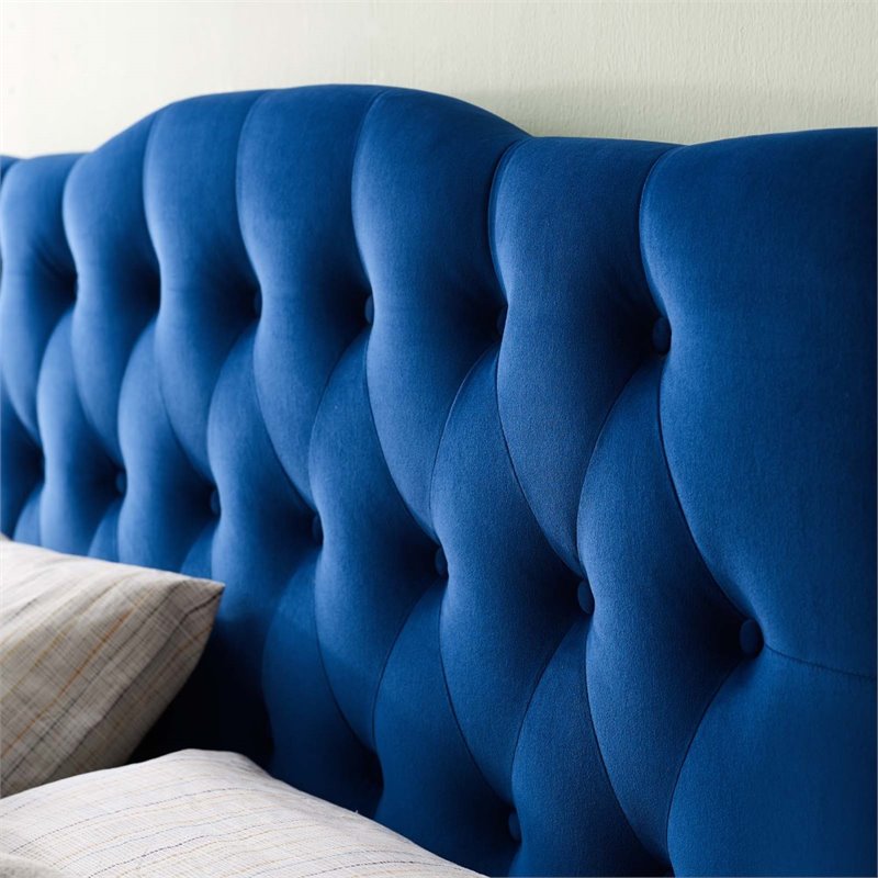 Pemberly Row Queen Diamond Tufted Performance Velvet Headboard in Navy