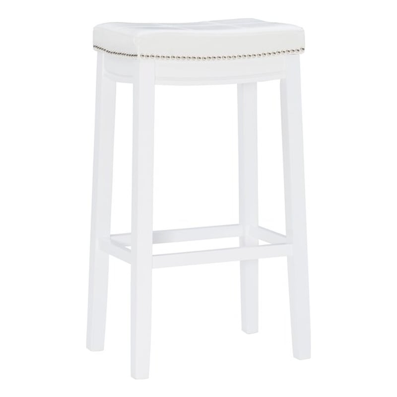Pemberly Row Backless Bar Stool White Faux Leather Seat Wood Frame in White
