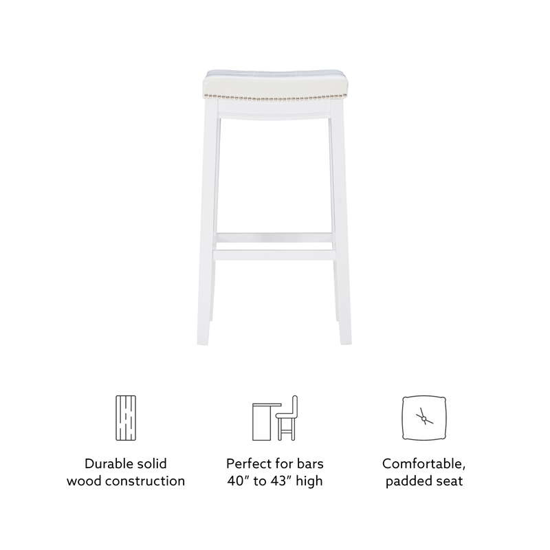 Pemberly Row Backless Bar Stool White Faux Leather Seat Wood Frame in White