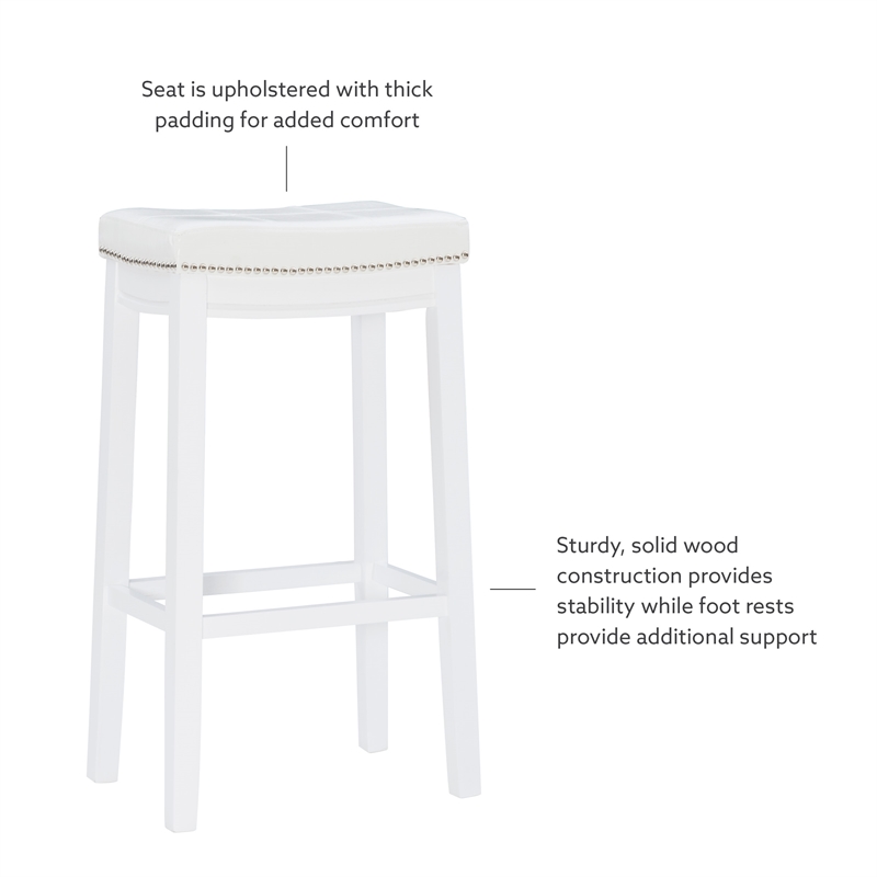 Pemberly Row Backless Bar Stool White Faux Leather Seat Wood Frame in White