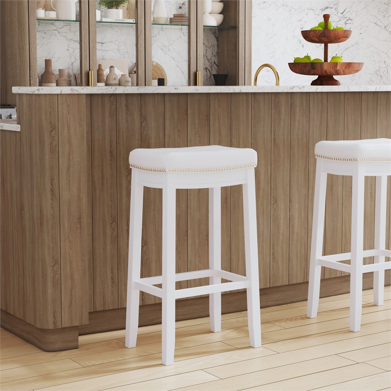 Pemberly Row Backless Bar Stool White Faux Leather Seat Wood Frame in White