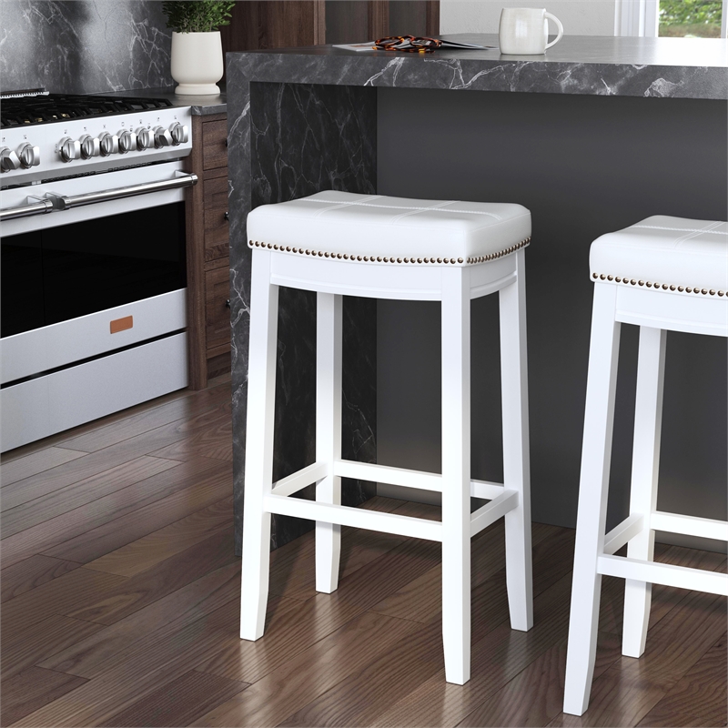 Pemberly Row Backless Bar Stool White Faux Leather Seat Wood Frame in White