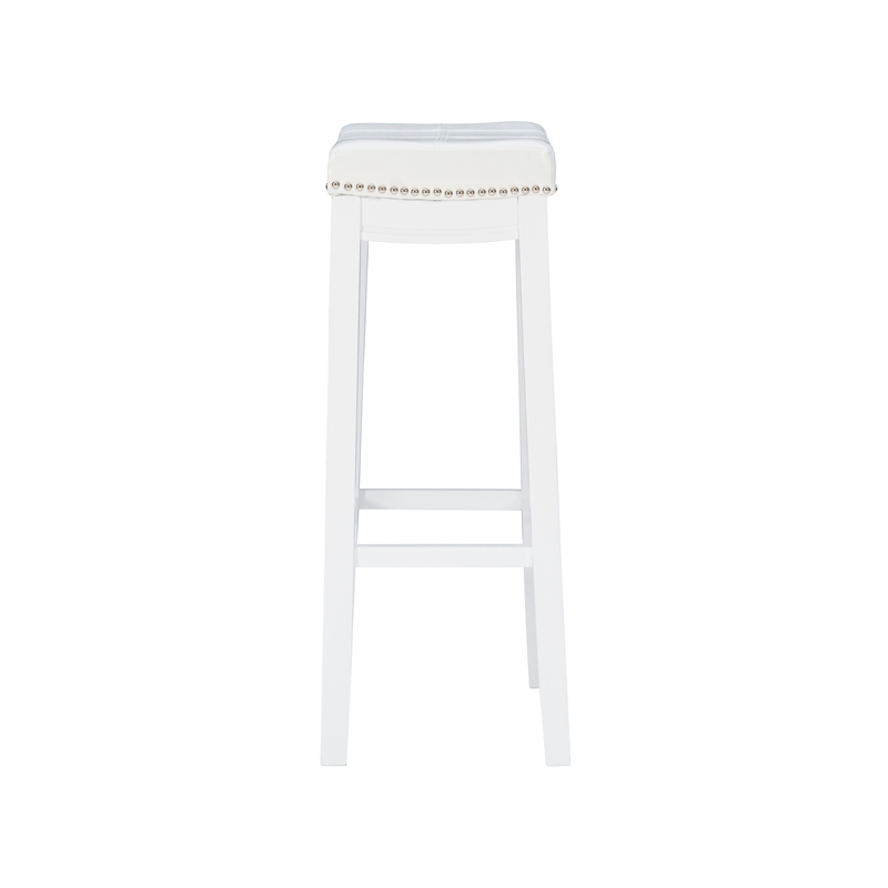 Pemberly Row Backless Bar Stool White Faux Leather Seat Wood Frame in White