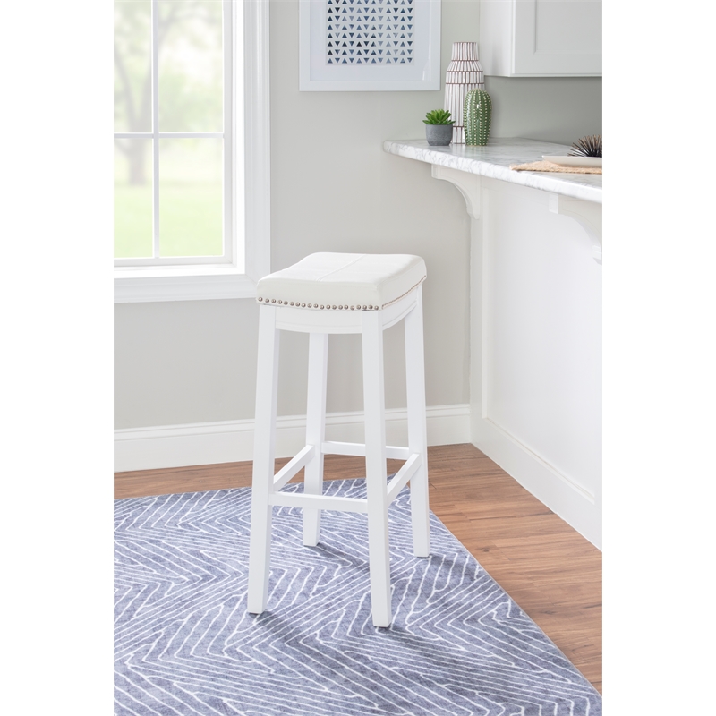 Pemberly Row Backless Bar Stool White Faux Leather Seat Wood Frame in White