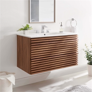 Pemberly Row 36&quot Modern Wood Wall-Mount Bathroom Vanity in Walnut/White