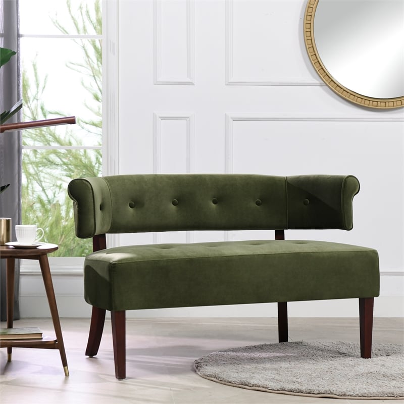 Pemberly Row Roll Arm Tufted Bench Settee Olive Green Velvet