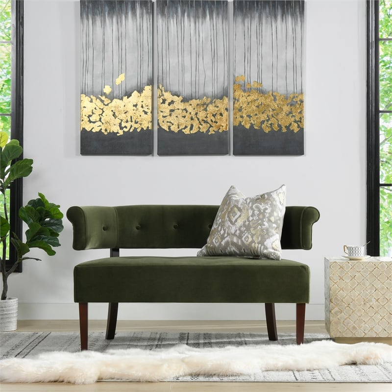 Pemberly Row Roll Arm Tufted Bench Settee Olive Green Velvet