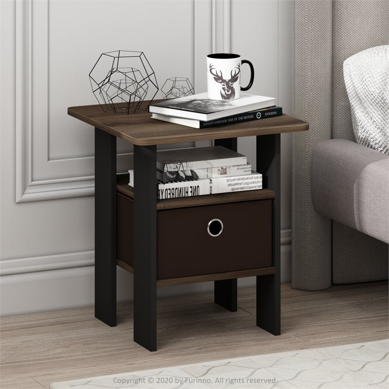 Pemberly Row Wood End Table with Bin Drawer in Columbia Walnut/Dark Brown